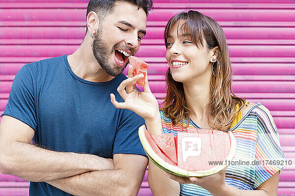 Smiling girlfriend feeding watermelon slice to boyfriend in front of pink wall