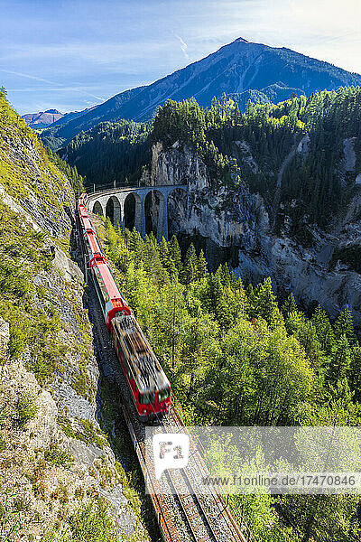 Switzerland  Graubunden Canton  Train crossing Landwasser Viaduct in summer