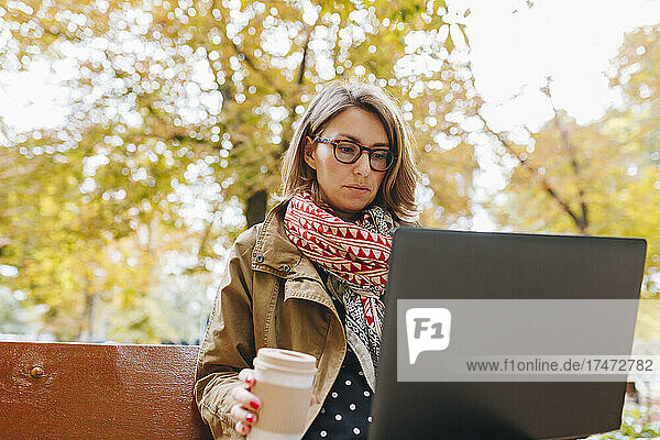 Female freelancer working on laptop in park