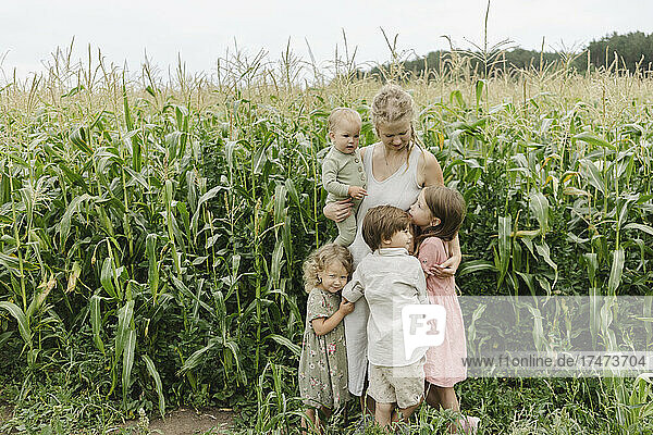 Young woman carrying toddler boy embracing daughters and son in corn field