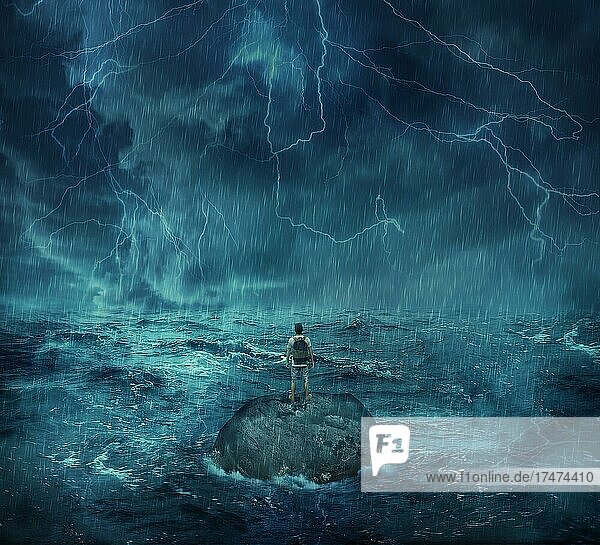 Ein verlorener Mann steht verlassen auf einer Felseninsel mitten im Ozean  in einer stürmischen Nacht mit Blitzen am Himmel. Er sucht nach Hilfe und versucht zu überleben. Das Konzept von Abenteuer  Reise und harter Entschlossenheit