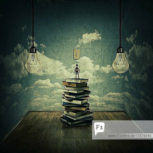 Ideenkonzept mit einem Jungen  der auf einem Stapel von Büchern steht und versucht  die Glühbirnen einzuschalten  umgeben von Betonwänden mit Wolkenstruktur als Denkbegrenzung. Auf der Suche nach Wissen