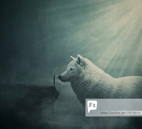 Surreale Traumland-Szene mit einer Person am Rande einer Klippe  die versucht  mit einem riesigen weißen Wolf in Kontakt zu treten. Fantasy-Abenteuer  Wanderer zähmt ein riesiges Fabelwesen. Magische Märchenlandschaft