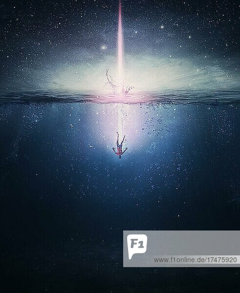 Surreale Szene mit einer Person  die unter Wasser fällt  wie ein Komet vom Nachthimmel  der ins Meer stürzt. Fantasie und mystisches Konzept  magisches Abenteuer