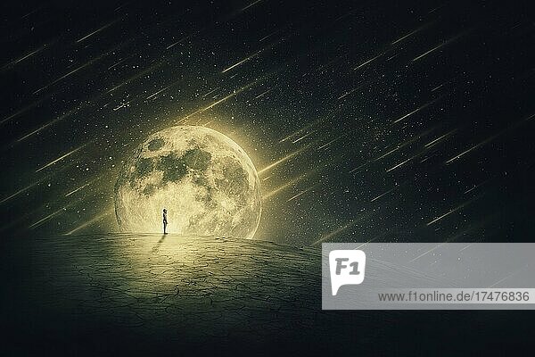 Surreale Weltszene mit der Silhouette einer Person  die allein auf einem trockenen  leeren Land steht und in den sternenklaren Nachthimmel mit fallenden Kometen blickt  vor einem Vollmond-Hintergrund. Räumliches Phänomen  konzeptionelle Landschaft
