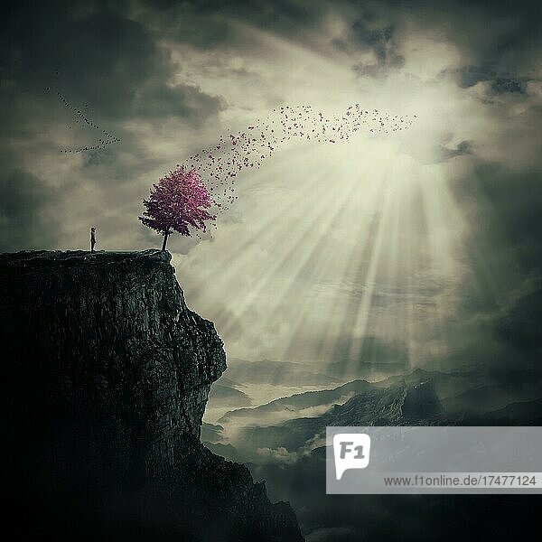 Junger Mann,  der auf dem Gipfel einer Klippe steht und einen seltsamen,  violetten Baum betrachtet,  der seine Blätter im Wind über das Tal wirft. Der Baum des Lebens Symbol,  Reise und entdecken