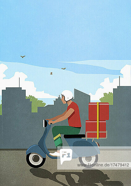 Mann mit Helm fährt Motorroller mit roten Koffern