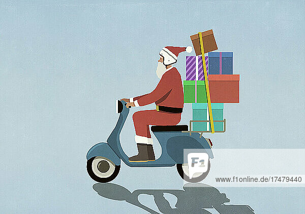 Weihnachtsmann fährt Motorroller mit Geschenken