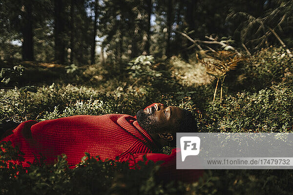 Mann schläft  während er sich auf Pflanzen im Wald entspannt