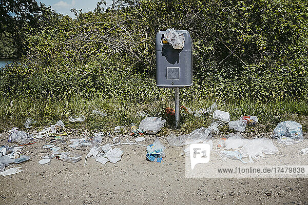 Mülltonne mit Plastikabfällen im Park verstreut
