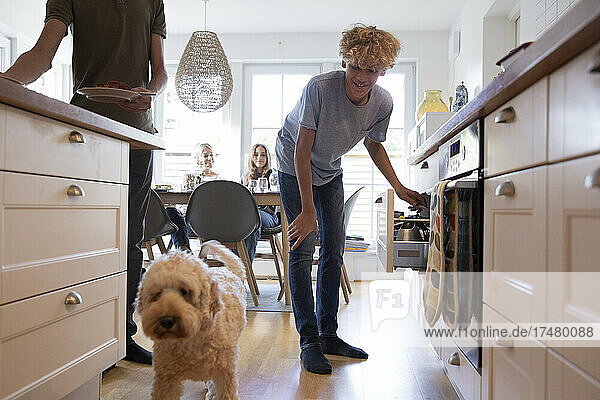Lächelnder Junge sieht Hund in Küche mit Familie im Hintergrund an