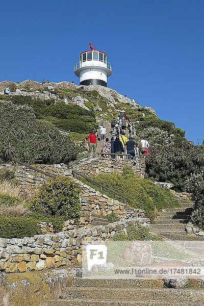 Tourists at the vantage point with lighthouse  Cape Point  Cape of Good Hope  Table Mountain National Park  Cape Peninsula  Western Cape  South Africa  Africa