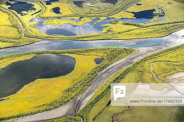 Detailaufnahme des Flussdeltas Rapadalen Fluss Rapaälv Sarek Nationalpark Laponia Lappland Schweden Europa