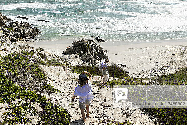 Teenage girl and younger brother overlooking a beach and a rocky coastline with waves crashing on shore.