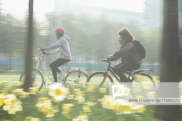 Teenager-Freunde fahren Fahrrad im sonnigen Frühlingspark