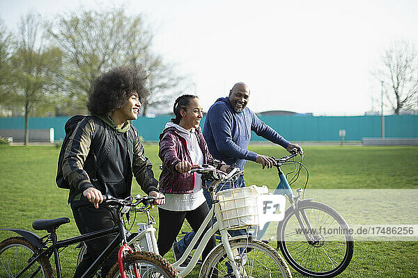 Family with bicycles in park grass