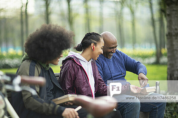 Glückliche Familie genießt das Mittagessen im Park