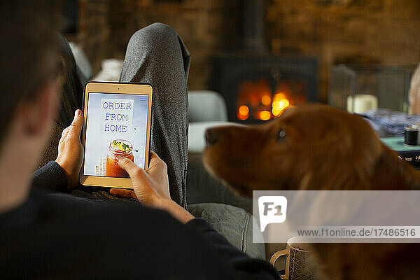 Hund beobachtet Mann bei der Bestellung eines Imbisses auf einem digitalen Tablet-Bildschirm