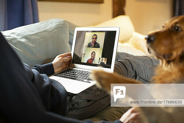 Mann mit Hund führt von zu Hause aus Videokonferenzen mit Kollegen auf dem Laptop durch
