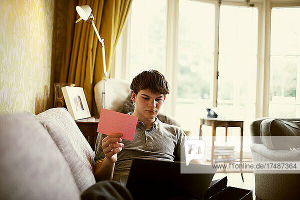 Jugendlicher mit Laptop  der auf dem Sofa im Wohnzimmer lernt