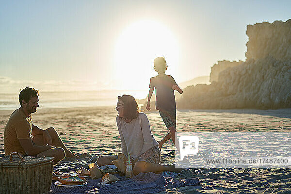 Family enjoying picnic on sunny summer beach