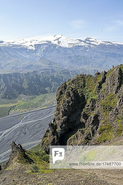 Panorama  mountains and glacier river in a mountain valley  wild nature  Eyjafjallajökull glacier in the back  Icelandic Highlands  Þórsmörk  Suðurland  Iceland  Europe