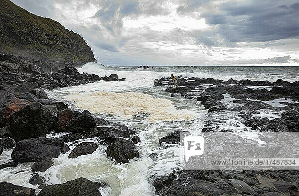 Natural thermal bath Termas da Ferraria at high tide with high waves  Ponta da Ferraria  Sao Miguel Island  Azores  Portugal  Europe