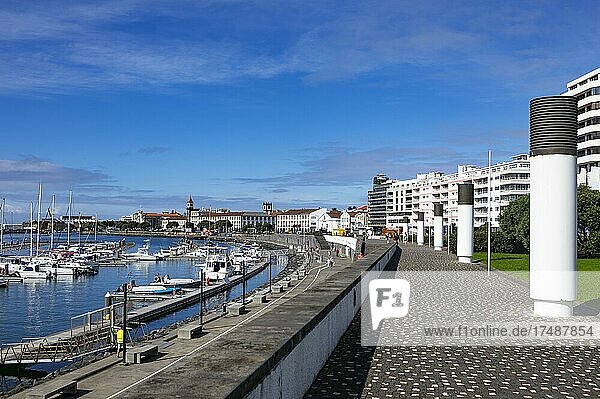 View over the marina and the promenade of Ponta Delgada  Sao Miguel Island  Azores  Portugal  Europe
