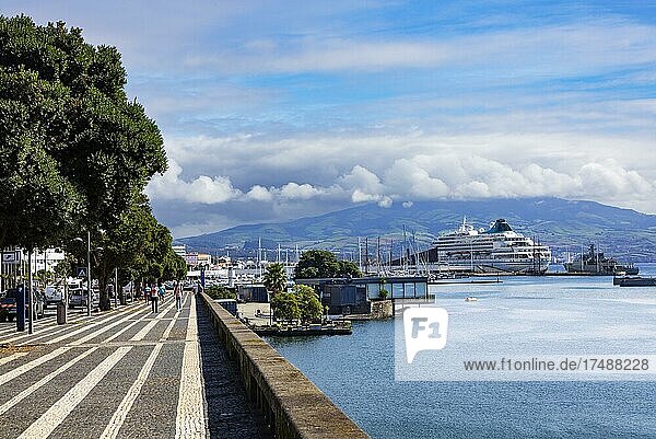 View over the marina and the promenade of Ponta Delgada  Sao Miguel Island  Azores  Portugal  Europe