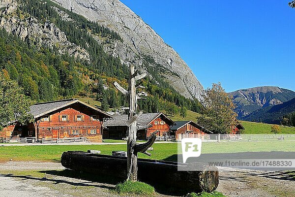 Almhäuser vor Bergmassiv  Brunnen  Herbst  Eng-Alm  Großer Ahornboden  Karwendel  Österreich  Europa