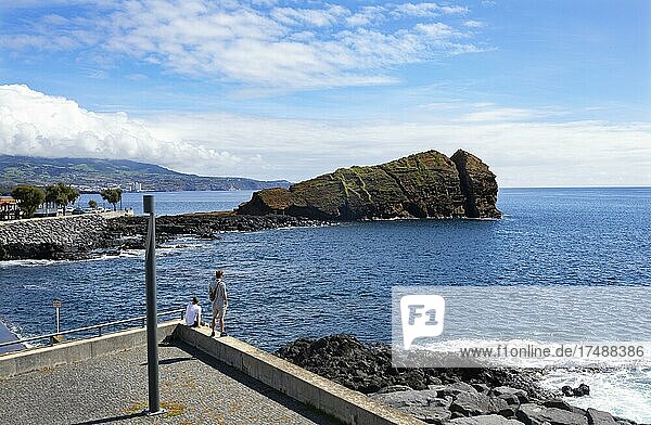 Bathing area Forno da Cal with Rosto de Cao Island  Ponta Delgada  Sao Miguel Island  Azores  Portugal  Europe