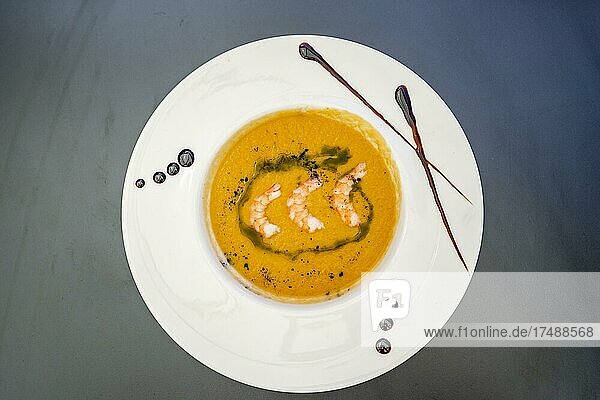 Salmorejo cold soup served with shrimps in Sierra Nevada  Spain  Europe