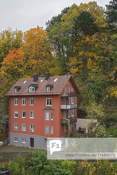 Rotes Haus mit herbstlichen Bäumen  Kempten  Allgäu  Bayern  Deutschland  Europa