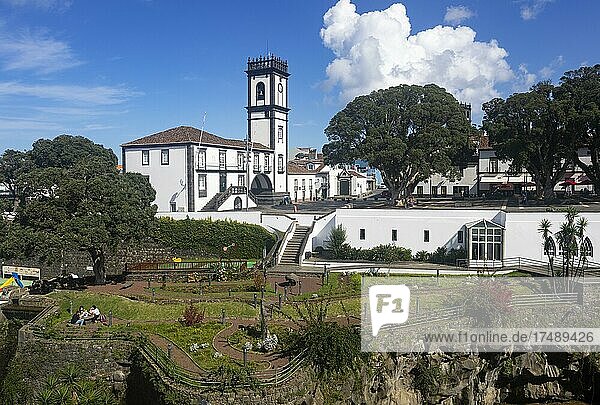 City park with town hall and bell tower  Ribeira Grande  Sao Miguel Island  Azores  Portugal  Europe