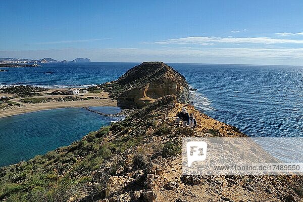 Above the bay of sandy beach Cocedores with Play Carolina  view of Aguilas and Cabo Cope  Playa de los Cocedores  view from above  top view  Aguilas  Murcia  Spain  Europe