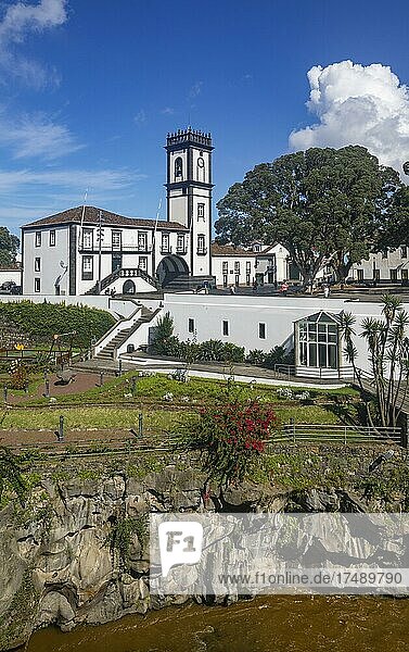 City park with town hall and bell tower  Ribeira Grande  Sao Miguel Island  Azores  Portugal  Europe