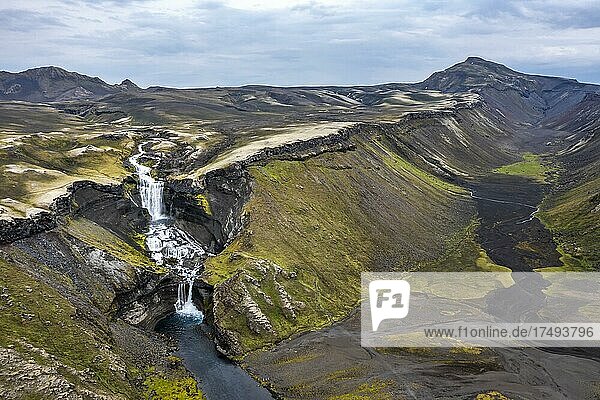 Aerial view  Ófærufossar  two waterfalls  Eldgjá fire gorge  Icelandic highlands  Iceland  Europe