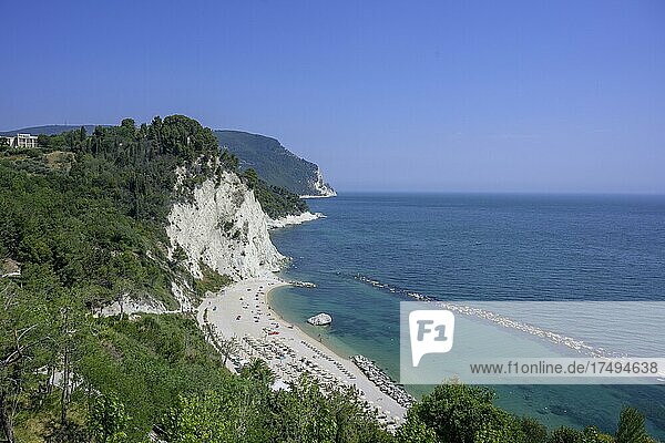 View down to the beach Spiaggia del Frate  Numana  province of Ancona  Italy  Europe