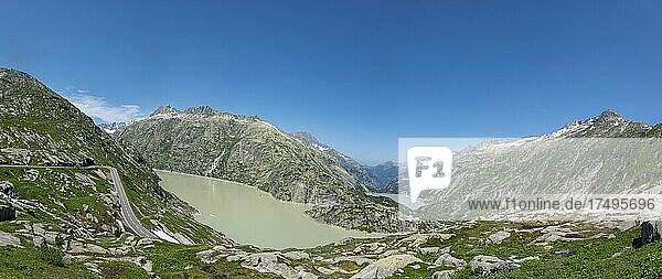View of Grimselsee and Räterichsbodensee from the Grimsel Pass road  Guttannen  Valais  Switzerland  Europe