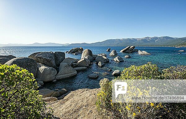Round stones in the water  shore at Lake Tahoe  Sand Harbor Beach  in autumn  Sand Harbor State Park  shore  California  USA  North America