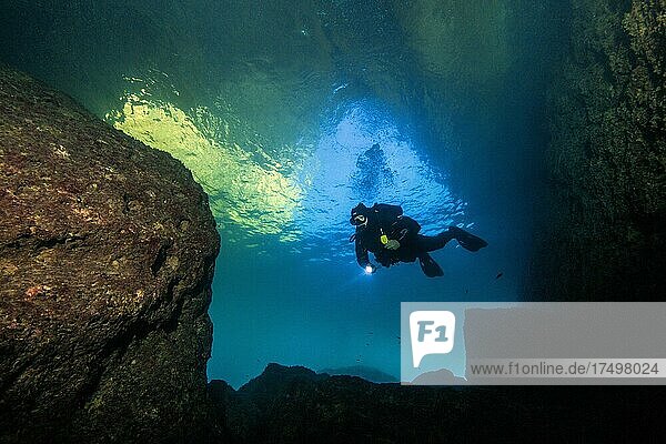Diver swims diving through tunnel from inland sea of Gozo into passage to open sea  Gozo Island  Malta  Europe