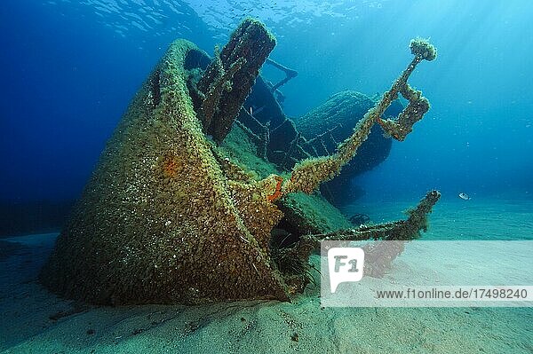 Stern of sunken ship decaying rusting shipwreck Elviscot  Scoglio dell'Ogliera  Pomonte  Elba  Tuscany  Italy  Europe