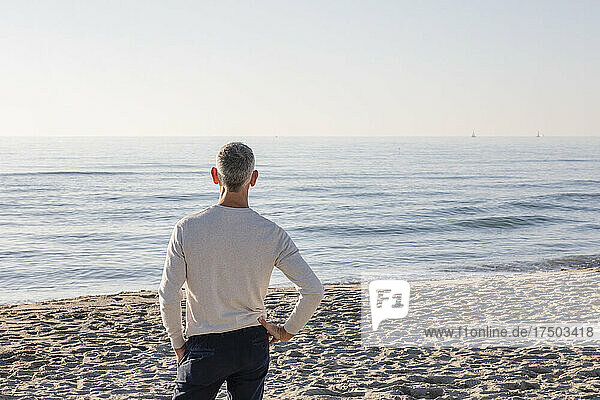 Man with hand on hip looking at sea standing on beach