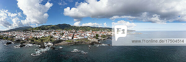 Portugal  Azores  Vila Franca do Campo  Drone panorama of clouds over town on southern edge of Sao Miguel Island