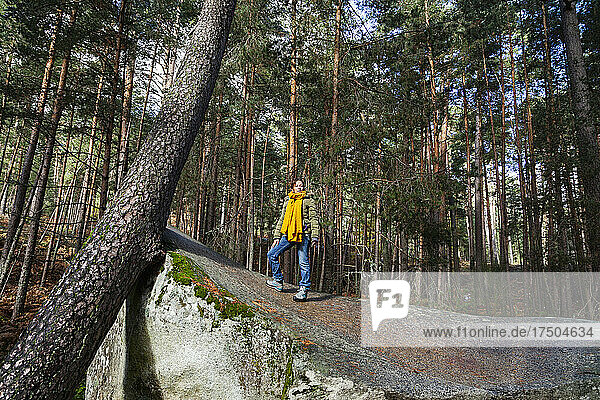 Frau steht auf einem Felsen inmitten von Bäumen im Wald