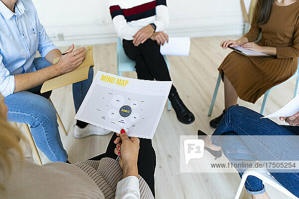 Businesswoman holding mind map document sitting with colleagues in office meeting
