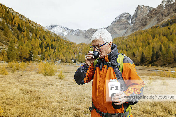 Älterer Wanderer trinkt Kaffee auf Gras in den Rhätischen Alpen  Italien