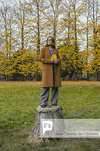 Young woman with autumn leaf standing on tree stump in public park