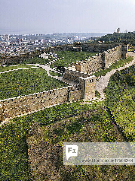 Russia  Dagestan  Derbent  Aerial view of ancient fortifications of Derbent