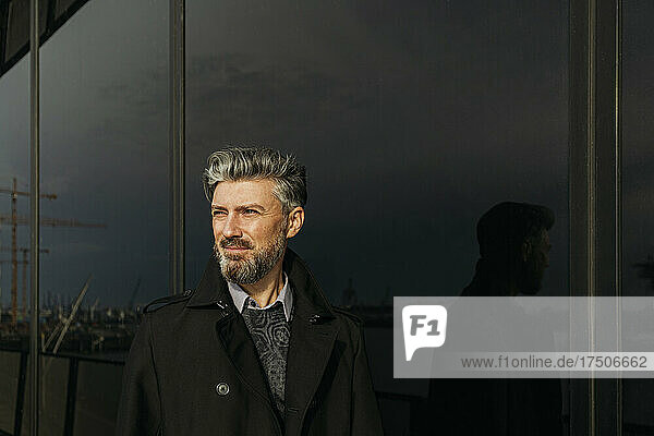 Bearded businessman in front of glass wall